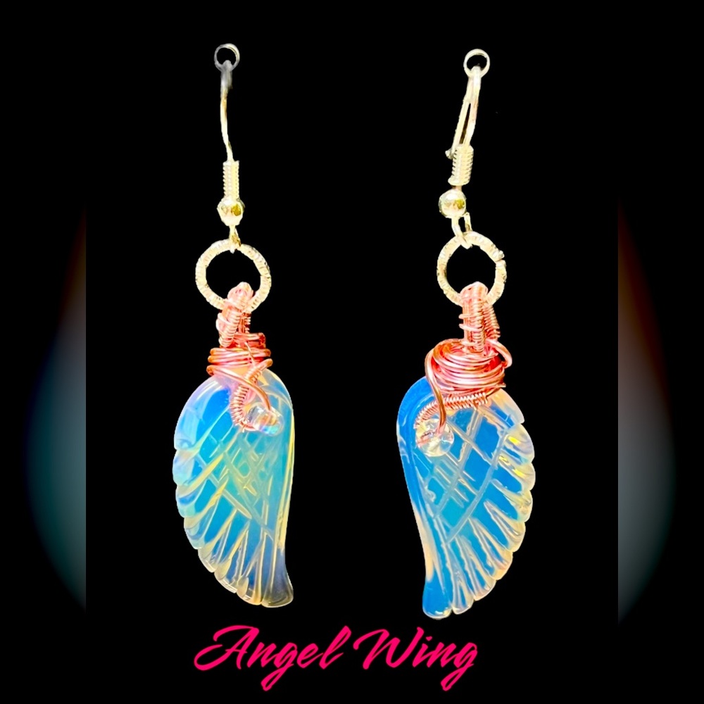Opalite angel wings/carved stones pink copper earrings-artisan